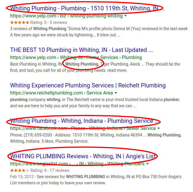 SERP for Whiting Plumbing search query