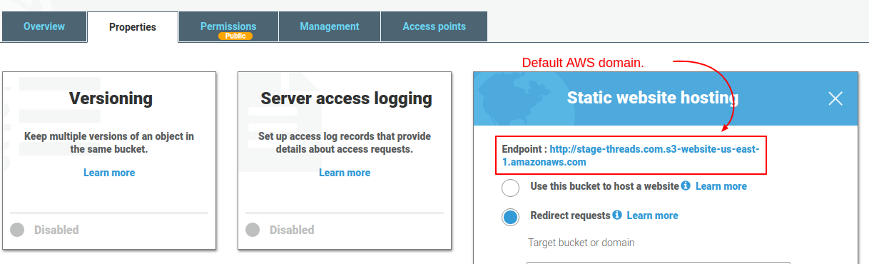 AWS S3 website properties panel