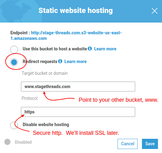 Create S3 bucket for website redirect, step 2