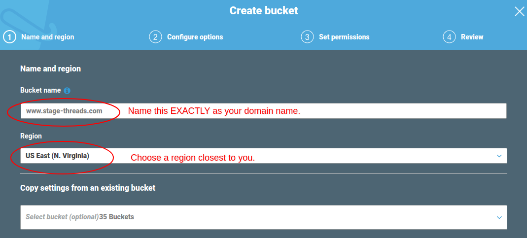 Create S3 bucket, step 1