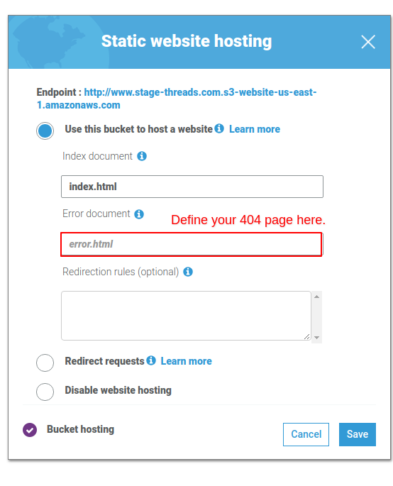 S3 static website 404 page setting
