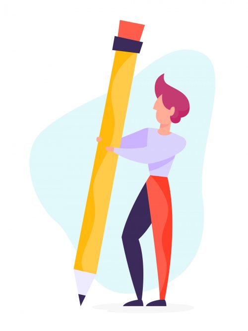 Copywriter concept. Idea of writing texts, creativity and promotion. Making valuable content and working as freelancer. Man author with a pencil. Vector illustration in cartoon style