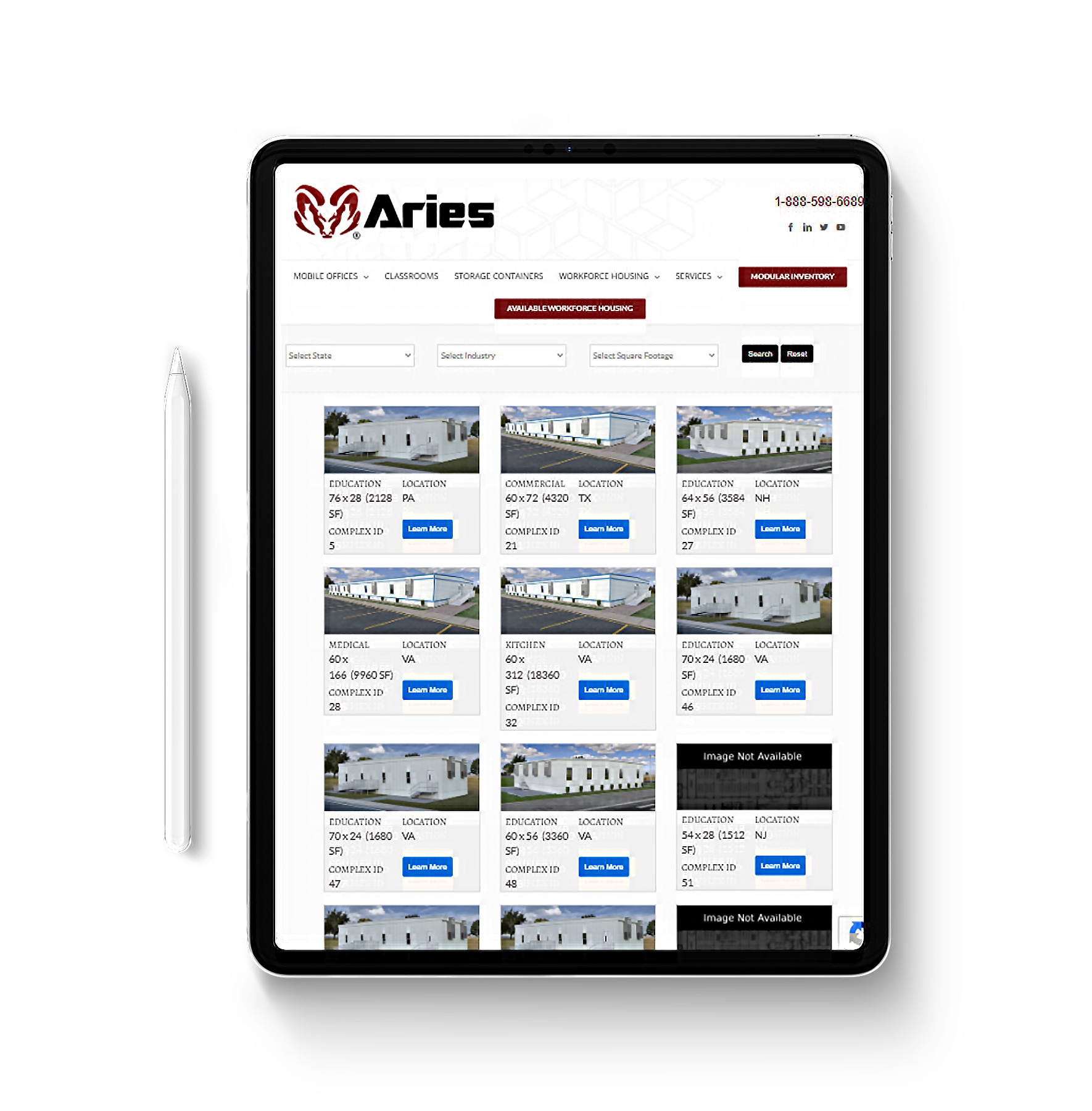 Aries Buildings website on tablet